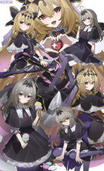  1girl ahoge antenna_hair artist_name black_boots black_bow black_bowtie black_capelet black_dress black_ribbon blonde_hair boots bow bowtie brooch capelet closed_mouth commentary cure_arcana_shadow diamond_hairband dress food frilled_capelet frilled_dress frilled_sleeves frills gradient_hair grey_hair grey_pantyhose hair_bow hair_intakes hair_ribbon heart heart_brooch heart_hands highres holding holding_food ice_cream invisible_chair jewelry long_hair long_sleeves looking_at_viewer magical_girl medium_dress meitantei_precure! moria_luluka multicolored_hair multiple_views necklace open_mouth pantyhose pink_eyes precure purple_pantyhose purple_veil red_eyes ribbon sidelocks sitting smile solo_focus spill standing tear_arcana_rod veil violet_eyes wariza wiersa 