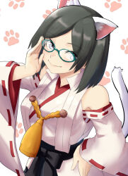  1girl animal_ears black_hair breasts cat_day cat_ears cat_tail commentary_request detached_sleeves glasses green-framed_eyewear grey_eyes hairband highres kantai_collection kemonomimi_mode kirishima_(kancolle) kirishima_kai_ni_(kancolle) large_breasts looking_at_viewer nekotarou_(nktr299) nontraditional_miko ribbon-trimmed_sleeves ribbon_trim short_hair smile solo tail 