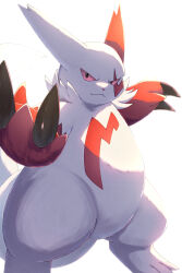  claws closed_mouth commentary_request hands_up highres looking_at_viewer pokemon pokemon_(creature) pokemon_focus rumine_(yoshi1234567) smile solo standing white_background zangoose 