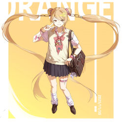  1girl absurdres badge bag bead_bracelet beads belt black_skirt blonde_hair bow bowtie bracelet brown_sweater_vest button_badge character_doll chinese_commentary commentary_request dated doll floating_hair full_body hair_extensions highres hokushuu jewelry jirai_kei lipgloss loafers long_hair looking_at_viewer loose_socks miniskirt mole mole_on_neck nail_polish original pleated_skirt red_bow red_bowtie red_nails ring_hair_extensions scrunchie shirt shoes shoulder_bag side_part sidelocks simple_background skirt socks solo standing stitches sweater_vest text_hair_ornament thigh_belt thigh_strap v white_shirt wrist_scrunchie yellow_background yellow_eyes 