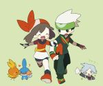  bandana bandanna brown_hair gloves green_background haruka_(pokemon) hat mudkip pokemon pokemon_(creature) pokemon_(game) pokemon_rse smile surprised torchic tsuwabuki_daigo yamo_(ly) yuuki_(pokemon) yuuki_(pokemon)_(remake) yuuki_(pokemon_emerald) 