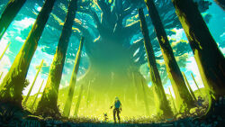 1boy 1other absurdres animal_costume black_pants blue_bag blue_sky bug butterfly commentary english_commentary giant_tree glowing_butterfly grass headphones highres hood hoodie looking_at_another original painterly pants pillar raja_nandepu robot scenery sheep_costume sky tree white_butterfly white_hoodie 
