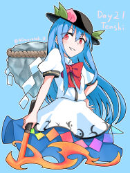  1girl aomurasaki_r aqua_background black_hat blue_hair blue_skirt blush bow bowtie character_name clothing_request commentary grin hand_on_own_hip hat highres hinanawi_tenshi holding holding_sword holding_weapon kaname-ishi large_bow long_hair peach_hat_ornament puffy_short_sleeves puffy_sleeves red_bow red_bowtie red_eyes rope shimenawa shirt short_sleeves simple_background skirt smile smug solo sword touhou twitter_username very_long_hair weapon white_shirt 