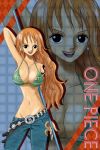  bikini_top black_eyes breasts cleavage clima-tact earrings jeans jewelry kyo_(pixiv2376063) large_breasts long_hair mound_of_venus nami official_style one_piece orange_hair recurring_image smile tattoo zoom_layer 