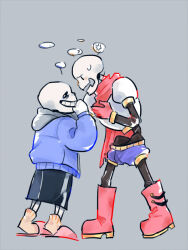  2019 2boys 2d ? anger_vein armor black_shorts blue_jacket blue_shorts boots brothers cape comic commentary digital_media duo english_commentary full_body gloves grey_background grey_hood height_difference hollow_eyes hood hood_down hooded_jacket humanoid jacket leaning_forward long_sleeves male male_focus male_only mittens monster monster_boy multiple_boys no_nose open_clothes open_jacket papyrus_(undertale) pink_slippers red_boots red_cape red_gloves sans_(undertale) segmented_comic shirt shorts siblings simple_background single_vertical_stripe skeleton slippers socks speech_bubble spoken_anger_vein spoken_question_mark standing striped_shorts teeth tiptoes undead undertale utdr_(toby_fox) veah3 vertical-striped_clothes vertical-striped_shorts whispering white_armor white_mittens white_shirt white_stripes yellow_socks 