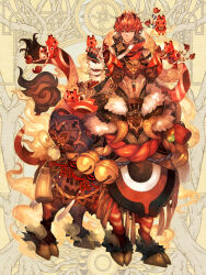  1boy abs akabeko bell brown_eyes brown_shirt centauroid cow_boy creature crop_top dairoku_ryouhei dark-skinned_male dark_skin fire full_body fur-tipped_tail high_collar holding holding_creature hooves horns jingle_bell looking_at_creature looking_to_the_side male_focus monster_boy noranezu red_hair red_shawl rope shawl shimenawa shirt short_hair sleeveless solo standing tassel taur toned toned_male yellow_background 