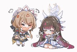  2girls anger_vein bare_shoulders black_collar black_hair black_sleeves blush_stickers bonnet bow brown_hair closed_eyes closed_mouth collar columbina_(genshin_impact) commentary_request detached_collar detached_sleeves dress eye_mask eyes_on_wings genshin_impact hair_bow hair_ornament hands_on_own_knees head_wings headdress highres huffing ichaahnbaeee kneeling long_hair long_sidelocks long_sleeves luonnotar_(genshin_impact) mask multicolored_hair multiple_girls multiple_wings open_mouth purple_hair purple_streaks ribbon sandrone_(genshin_impact) see-through_clothes see-through_mask short_hair_with_long_locks shouting sidelocks simple_background streaked_hair sweat two-tone_hair very_long_hair white_background white_dress white_headdress white_mask white_ribbon white_wings wing_hair_ornament wings x-shaped_eyewear 