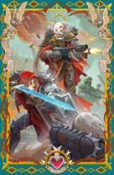  2boys 3girls adepta_sororitas aquila_(symbol) armor army astra_militarum battle battlefield bolt_pistol bolter breathing_nozzle cadian_shock_troops chainsword firing fleur-de-lis heavy_bolter highres imperial_aquila imperium_of_man lasgun laspistol multiple_boys multiple_girls power_armor power_sword purity_seal soldier storm_bolter war warhammer_40k weapon winged_skull yukinnn 