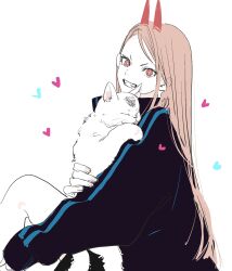  1girl animal black_jacket black_shorts cat chainsaw_man cross-shaped_pupils demon_girl furrowed_brow grin highres holding holding_animal holding_cat horns jacket long_hair looking_at_viewer meowy_(chainsaw_man) needbee_r orange_eyes parted_lips pink_hair power_(chainsaw_man) red_horns shorts smile striped_clothes striped_jacket symbol-shaped_pupils teeth track_jacket upper_body white_background white_cat 