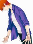  black_eyes fate/zero fate_(series) jacket male mishina_nao orange_hair purple_jacket red_hair redhead solo uryuu_ryuunosuke white_background 
