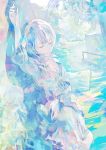  abstract arm_up bottle breasts cleavage original pale_color pomodorosa popped_collar risa_hibiki short_hair solo stairs tree unbuttoned 