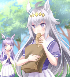  2girls absurdres ahoge animal_ears aqua_bow bag blue_eyes blue_sky blush bow closed_mouth clouds commentary_request ear_bow ear_ornament ear_ribbon eating food grey_hair hair_between_eyes hair_ornament hairband highres holding holding_bag holding_food horse_ears horse_girl long_hair mejiro_mcqueen_(umamusume) multicolored_hair multiple_girls oguri_cap_(umamusume) outdoors parted_lips pleated_skirt puffy_short_sleeves puffy_sleeves purple_bow purple_hair purple_shirt sailor_collar sailor_shirt school_uniform shirt short_sleeves skirt sky taiyaki tracen_school_uniform tree umamusume violet_eyes wagashi white_sailor_collar white_skirt yuugi_roki 