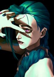 1girl aqua_hair arcane:_league_of_legends blue_nails braid grey_hair highres jinx_(league_of_legends) league_of_legends multicolored_nails pale_skin purple_nails single_braid snowberryaki upper_body v violet_eyes 