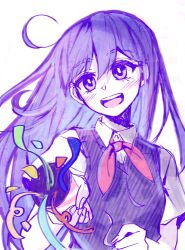  1girl :d bare_arms blush breasts buttons collared_shirt commentary_request confetti cowlick double-parted_bangs fingernails hair_behind_ear hair_between_eyes hand_up hatching_(texture) highres holding holding_party_popper long_hair looking_at_viewer mari_(headspace)_(omori) mari_(omori) myohn neckerchief omori open_mouth party_popper purple_hair purple_sweater_vest raised_eyebrows red_neckerchief shirt short_sleeves simple_background small_breasts smile solo straight_hair sweater_vest tareme teeth tongue upper_body upper_teeth_only very_long_hair violet_eyes white_background white_shirt 