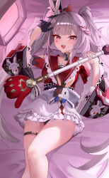  1girl absurdres black_garter_straps black_hat black_panties black_pantyhose breasts capelet colored_skin commentary facial_mark garter_straps gloves hat heart heart_facial_mark highres holding holding_weapon honkai:_star_rail honkai_(series) long_hair looking_at_viewer luto lying medium_breasts mini_hat mini_top_hat on_back open_mouth panties pantyhose pantyshot red_capelet single_glove solo sparkle_(honkai:_star_rail) sparxie_(honkai:_star_rail) thigh_strap thighs top_hat twintails underwear very_long_hair violet_eyes weapon white_hair white_skin 