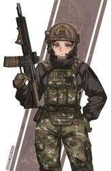  1girl absurdres assault_rifle black_jacket brown_eyes brown_gloves brown_hair brown_helmet bulletproof_vest camouflage camouflage_pants chance8000 closed_mouth commentary cowboy_shot english_commentary gloves gun h&amp;k_hk416 hand_on_own_hip helmet highres holding holding_gun holding_weapon jacket long_sleeves looking_at_viewer military_combat_uniform military_uniform original pants rifle short_hair soldier solo v-shaped_eyebrows weapon 