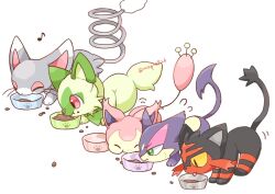  animal_focus black_fur bowl cat closed_eyes closed_mouth colored_sclera commentary_request eating food_theft glameow green_eyes green_fur grey_fur kana_(maple926) litten music no_humans pet_bowl pet_food pink_fur pokemon pokemon_(creature) pokemon_focus purple_fur purrloin red_eyes skitty sprigatito tongue tongue_out yellow_sclera 