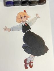  1girl art_tools_in_frame black_skirt black_vest blonde_hair blush closed_mouth collared_shirt commentary_request frilled_shirt_collar frills full_body highres long_sleeves looking_at_viewer marker marker_(medium) mary_janes outstretched_arms red_eyes red_shoes rumia shiratama_(hockey) shirt shoes short_hair skirt smile socks solo spread_arms touhou traditional_media vest white_shirt white_socks 