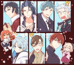  !? ... 2girls 6+boys adjusting_clothes adjusting_necktie ahoge arm_guards black_bow black_gloves black_hair black_necktie black_skirt black_suit blonde_hair blue_eyes blush boots bow brown_boots brown_hair brown_kimono candy chibi chibi_inset chocolate closed_eyes collared_shirt command_spell commentary_request curtained_hair earrings eating fate/grand_order fate_(series) food formal_clothes fujimaru_ritsuka_(female) fur_shawl glasses gloves green_shirt grey_eyes grey_hair hair_bow hair_intakes hakama hakama_skirt harada_sanosuke_(fate) heart heart-shaped_chocolate heart-shaped_food hijikata_toshizou_(fate) holding holding_skewer hood hood_down hooded_jacket jacket japanese_clothes jewelry kak_hac kimono kondou_isami_(fate) kondou_isami_(white_kotetsu)_(fate) long_sleeves looking_at_viewer loose_necktie multicolored_hair multicolored_jacket multiple_boys multiple_girls nagakura_shinpachi_(fate) necktie okita_souji_(fate) okita_souji_(first_ascension)_(fate) okita_souji_(koha-ace) open_mouth orange_eyes orange_hair partially_fingerless_gloves pink_hakama pink_kimono pleated_skirt pointing pointing_at_self presenting print_jacket red_gloves red_hair red_vest saitou_hajime_(fate) saitou_hajime_(second_ascension)_(fate) scar scar_on_cheek scar_on_face scar_on_forehead shawl shinsengumi_(fate) shirt shirt_under_kimono skewer skirt sleeveless smile sparkle spiky_hair spoken_ellipsis streaked_hair stud_earrings suit suit_jacket surprised toned toned_male toudou_heisuke_(fate) triple_vertical_stripe turtleneck turtleneck_shirt two-tone_jacket valentine vest white_boots white_eyes white_hair white_jacket white_shirt wide_sleeves yamanami_keisuke_(fate) 