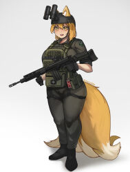  1girl absurdres animal_ear_fluff animal_ears binoculars black_pants black_shirt black_shoes blonde_hair breasts bulletproof_vest chance8000 combat_helmet commentary commission double-parted_bangs english_commentary fast_helmet fox_ears fox_girl fox_tail full_body gun hair_between_eyes helmet highres holding holding_gun holding_weapon kitsune large_breasts large_tail looking_at_viewer multiple_tails open_mouth original pants shirt shoes short_hair simple_background solo standing tactical_clothes tail weapon weapon_request white_background yellow_eyes 