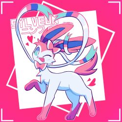 artist_name bright_pupils character_name fang happy hashtag-only_commentary heart highres no_humans one_eye_closed pokemon pokemon_(creature) skyumbreon smile solo standing sylveon two-tone_background white_pupils 