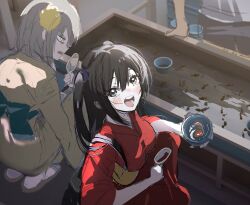  1boy 2girls :d absurdres bananahaemeog black_hair blush breasts fish from_above goldfish goldfish_scooping grey_eyes grey_hair highres holding japanese_clothes kimono long_hair looking_at_viewer love_live! love_live!_nijigasaki_high_school_idol_club medium_breasts multiple_girls nakasu_kasumi obi one_side_up open_mouth red_kimono sash short_hair sidelocks smile squatting summer_festival teeth upper_teeth_only yellow_kimono yellow_sash yuki_setsuna 