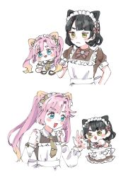  >:( 2girls :3 :d animal_ears anyoji_hime apron black_hair blonde_hair blunt_bangs bob_cut bow bowtie brown_dress cat_brooch cat_ears cat_girl cat_tail closed_mouth commentary detached_sleeves dress frilled_apron frills frown gradient_hair green_eyes highres holding holding_mini_person link!_like!_love_live! love_live! maid_apron mini_person minigirl momose_ginko moso_(expect66) multicolored_hair multiple_girls multiple_views nyan_nyan_nyan_fair_in_gamers open_mouth pink_bow pink_bowtie pink_hair puffy_short_sleeves puffy_sleeves punching short_hair short_sleeves simple_background sleeveless sleeveless_dress smile tail thick_eyebrows twintails v-shaped_eyebrows virtual_youtuber white_apron white_background white_sleeves 