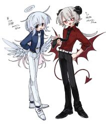  2boys :d angel_and_devil arms_behind_back belt black_belt black_eyes black_horns black_necktie black_pants black_shoes blue_hair blue_halo blue_shirt blue_socks bright_pupils brothers commentary dress_pants dress_shirt dress_shoes full_body grey_hair halo hand_on_own_hip horns long_hair looking_at_viewer low_ponytail low_wings multicolored_hair multiple_boys nagisa_(osakanadream) necktie original osakanadream pants pointy_ears ponytail red_eyes red_shirt ribbed_socks ruka_(osakanadream) shirt shoes siblings smile socks standing tie_clip translation_request two-tone_hair untranslatable_commentary very_long_hair white_belt white_necktie white_shoes wings 