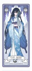  1girl animal_print black_sash blue_eyes blue_kimono butterfly_print butterfly_print_kimono card_(medium) commentary_request english_text full_body hand_on_own_cheek hand_on_own_face helios1862851 heterochromia highres japanese_clothes kimono lamp monster_girl moon_phases obi obiage obijime oumi_shiori print_kimono sash solo tarot tarot_(medium) the_moon_(tarot) watashi_wo_tabetai_hitodenashi webbed_hands yellow_eyes 