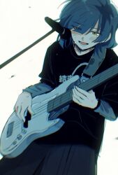  1girl bass_guitar black_shirt blush bocchi_the_rock! fender_precision_bass fuji_1221 highres instrument kessoku_band_t-shirt microphone mole mole_under_eye music open_mouth playing_bass_guitar playing_instrument shirt simple_background smile solo sweat white_background yamada_ryo yellow_eyes 