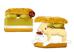  animal closed_eyes commentary_request dessert food food_request in_food lilac_(p-f_easy) no_humans original rabbit simple_background white_background 