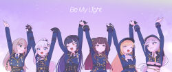  6+girls :d ;d \o/ ^_^ aiguillette arms_up ascot badge belt beret black_belt black_gloves black_hair black_hat black_necktie blonde_hair blue_belt blue_eyes blue_hair blue_hat blue_jacket blue_necktie blunt_bangs blush bow braid breasts brown_eyes brown_hair buttons closed_eyes closed_mouth collared_shirt colored_inner_hair commentary copyright_name crop_top cropped_jacket double-breasted earrings english_text epaulettes gloves gold_trim gosegu gradient_background gradient_hair green_eyes grey_eyes grey_hair grin hair_bow hair_bun hair_ornament half_gloves hat high_ponytail highres ine_(vtuber) jacket jewelry jingburger jururu korean_commentary lilpa long_hair long_sleeves looking_at_another looking_at_viewer medal medium_breasts melochron midriff military_uniform mole multicolored_hair multiple_belts multiple_girls navel necktie o-ring official_alternate_costume one_eye_closed open_mouth outstretched_arms partially_fingerless_gloves peaked_cap pink_eyes pink_hair ponytail purple_background purple_hair red_eyes ribbon shirt short_hair short_necktie side_braid sidelocks smile song_name sparkle_hair_ornament standing star_(symbol) star_earrings star_hair_ornament streaked_hair swept_bangs teeth twin_braids two-tone_hair under_boob underbust upper_body upper_teeth_only very_long_hair viichan violet_eyes virtual_youtuber waktaverse white_ascot white_hair white_shirt yellow_eyes 