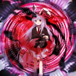  1girl animal_ears black_jacket blazer blouse blush bright_pupils bullet circle closed_mouth collared_shirt commentary_request crescent crescent_pin danmaku feet_out_of_frame glowing glowing_eyes hallucination highres imperishable_night jacket kaigen_1025 long_hair long_sleeves necktie parody pink_eyes pink_skirt purple_hair rabbit_ears red_eyes red_necktie reisen_udongein_inaba shirt sidelocks skirt smirk solo spell_card style_parody touhou transparent very_long_hair white_shirt zun_(style) 
