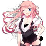  ;d black_gloves black_legwear blue_eyes breasts cleavage gloves hand_on_hip highres hips long_hair megurine_luka open_mouth pink_hair shorts smile solo thigh-highs thighhighs vest vocaloid wink yunxko 