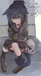  1girl absurdres animal_ears arknights bag black_gloves black_hair black_jacket black_shirt black_shoes black_shorts black_socks blue_hair blush brown_jacket cat_ears cat_girl cat_tail crying crying_with_eyes_open full_body gloves green_eyes grey_jacket gun hair_between_eyes handgun headphones headset highres holding holding_gun holding_weapon hood hood_down hooded_jacket implied_extra_ears jacket jessica_(arknights) knee_pads long_sleeves multicolored_hair open_clothes open_jacket open_mouth pink_hair ponytail shirt shoes short_shorts shorts signature single_knee_pad sitting socks solo streaked_hair suzubotan tail tears translation_request wavy_mouth weapon 