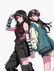  2girls arm_warmers armlet atsubomi bang_dream! bang_dream!_it's_mygo!!!!! baseball_cap black_hair black_hat black_necktie black_pants blue_eyes blue_jacket blue_shorts breasts closed_mouth commentary eyewear_on_head hashtag-only_commentary hat highres holding_hands interlocked_fingers jacket jewelry long_hair long_sleeves medium_breasts medium_hair multiple_girls necktie pants pink-tinted_eyewear plaid_clothes plaid_shirt red_shirt shiina_taki shirt shorts simple_background sleeveless sleeveless_shirt striped_arm_warmers tinted_eyewear untranslatable_commentary violet_eyes white_arm_warmers white_background yahata_umiri yuri 
