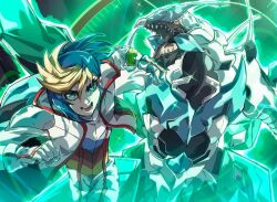  biker_clothes bikesuit blonde_hair blue_hair bodysuit clear_wing_synchro_dragon clenched_hands colored_bangs cowboy_shot dragon dragon_wings duel_monster gloves green_eyes highres hugo_(yu-gi-oh!) jacket looking_at_viewer male_focus multicolored_hair open_mouth running sharp_teeth teeth two-tone_hair vincent_graphic_art white_bodysuit white_gloves white_jacket wings yellow_eyes yu-gi-oh! yu-gi-oh!_arc-v 
