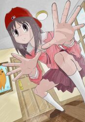  1girl absurdres artist_name azumanga_daioh azumanga_daioh's_school_uniform backwards_hat baseball_cap brown_eyes brown_hair brown_shoes ceiling ceiling_light collarbone commentary door english_commentary hat highres indoors kasuga_ayumu limp_bizkit long_sleeves looking_at_viewer medium_hair mihama_chiyo's_father pink_shirt pink_skirt pleated_skirt ribbon sailor_collar school_uniform shirt shoes skirt socks squatting strittposter white_socks window wooden_floor 