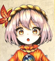  1girl aged_down blush child commentary_request hair_between_eyes hair_ornament highres leaf leaf_hair_ornament looking_at_viewer maple_leaf mirror open_mouth purple_hair red_shirt rope shirt short_hair solo tatuhiro touhou yasaka_kanako 