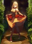  alternate_costume bare_shoulders blonde_hair breasts brown_legwear cao_xiong character_request closed_eyes corset curtsey detached_collar dress eyes_closed fate/zero fate_(series) high_heels highres lace leaf long_hair pantyhose saber shadow shoes solo watermark web_address wrist_cuffs 