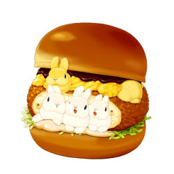  animal bread_bun cabbage commentary_request croquette food gracoro in_food lilac_(p-f_easy) mayonnaise mustard no_humans one_eye_closed open_mouth original pasta rabbit sandwich simple_background white_background 