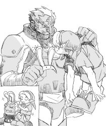  >:) 26_zzzzzz 2boys age_difference animal_ears armor boots bunny_hood_(zelda) carrying closed_eyes fake_animal_ears ganondorf grin hair_slicked_back hands_up happy hat large_nose leather_armor link looking_at_another looking_down male_focus monochrome multiple_boys pointy_ears rabbit_ears short_hair short_sleeves shoulder_armor shoulder_carry size_difference smile sparkle sweatdrop the_legend_of_zelda the_legend_of_zelda:_ocarina_of_time tunic v-shaped_eyebrows very_short_hair young_link 