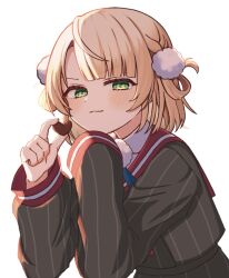  1girl blonde_hair blush braid candy chocolate closed_mouth collared_shirt commentary food green_eyes grey_jacket hair_ornament hair_rings heart heart-shaped_chocolate heart-shaped_food highres holding holding_chocolate holding_food indie_virtual_youtuber jacket long_sleeves looking_at_viewer motimotiomoti723 pinstripe_jacket pinstripe_pattern pom_pom_(clothes) pom_pom_hair_ornament red_sailor_collar sailor_collar shigure_ui_(1st_costume)_(vtuber) shigure_ui_(vtuber) shirt short_hair side_braids side_up_ring simple_background solo striped_clothes striped_jacket two_side_up upper_body vertical-striped_clothes vertical-striped_jacket virtual_youtuber white_background 