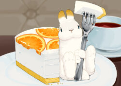 animal cake cake_slice commentary_request crumbs cup food fork fruit holding holding_fork lilac_(p-f_easy) no_humans on_plate orange_(fruit) orange_slice original plate rabbit saucer sitting teacup 