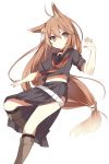  animal_ears boots brown_eyes brown_hair kemonomimi_mode long_hair midriff navel ookami-san ookami_ryouko porifonika school_uniform simple_background solo white_background wolf_ears 