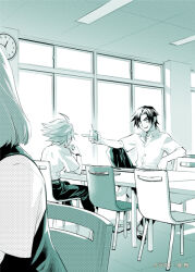  .hack// .hack//games 1girl 2boys ahoge analog_clock artist_name artist_request chair clock collared_shirt drink_carton eating elbow_rest holding holding_drink_carton knee_up kuramochi_(.hack//) looking_at_another male_focus monochrome multiple_boys official_art pants pointing pointing_at_another school school_uniform screentones second-party_source shirt short_hair short_sleeves sitting smile table yasuhiko_(.hack//) 