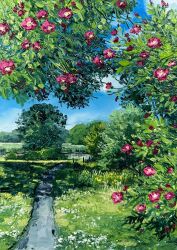  blue_sky commentary day english_commentary flower grass highres kate_avery no_humans oil_painting_(medium) original outdoors painting_(medium) path purple_flower scenery sky traditional_media tree yellow_flower 