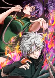  1boy 1girl black_kimono blunt_ends burn_scar burning china_dress chinese_clothes clothing_cutout commentary_request dress fire gabimaru green_dress hair_between_eyes highres japanese_clothes jigokuraku kimono looking_at_viewer ninja open_mouth scar topknot white_hair yuzuriha_(jigokuraku) 