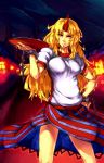  blonde_hair hand_on_hip highres hips holding horn hoshiguma_yuugi lantern long_hair long_skirt night red_eyes sakazuki side_slit skirt slit_pupils smirk solo t-shirt temmasa22 touhou 