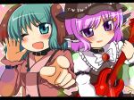  animal_ears choker choujuu_gigaku electric_guitar green_eyes green_hair guitar hat instrument jewelry kasodani_kyouko letterboxed motsu_(selshia12) multiple_girls mystia_lorelei open_mouth pink_hair pointing purple_eyes short_hair single_earring sparkle symposium_of_post-mysticism touhou violet_eyes wink 